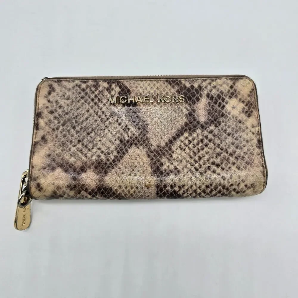Michael Kors Jet Set Travel Zip Around Clutch Wallet Snake Print Brown NO STRAP